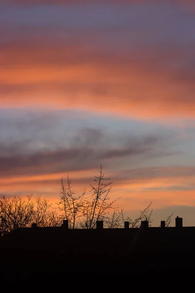 Contornos Escuros Casas Árvores Fundo Belo Céu Pôr Sol Mágico — Fotografia de Stock