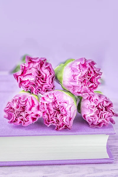 Bright pink carnation flowers and a book on a lavender purple background. Copy space
