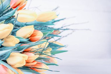 Beyaz zemin üzerine sarı turuncu laleler. Tonda fotoğraf, kopya alanı