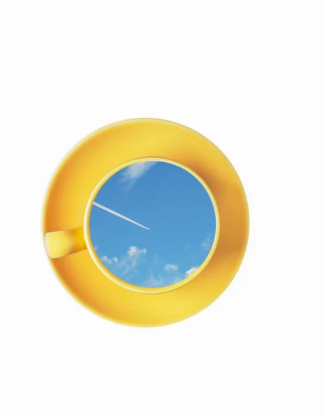 Copo Amarelo Com Céu Dentro Linha Plana Céu Azul Conceito — Fotografia de Stock