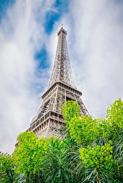 Springtime Spring Paris France Green Flowers Eiffel Tower Blue Sky — Stock Photo, Image