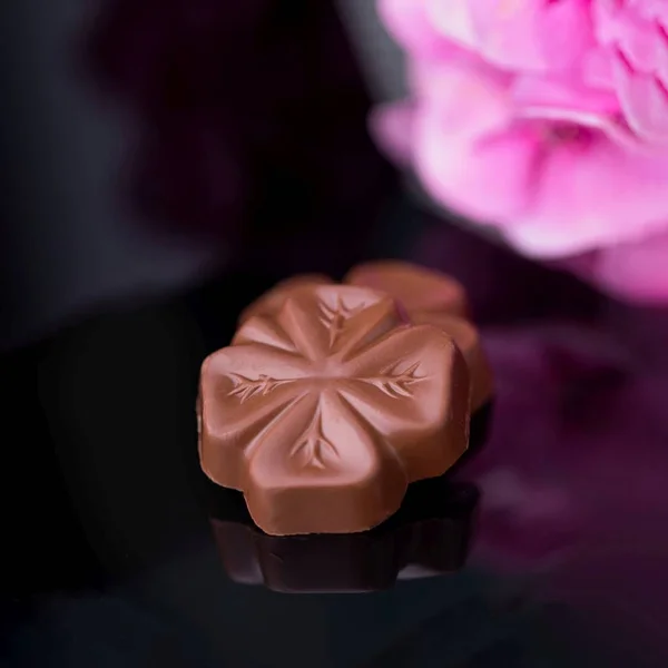 Luxury chocolate candies flowers and pink hydrangea on a black reflective background, copy space