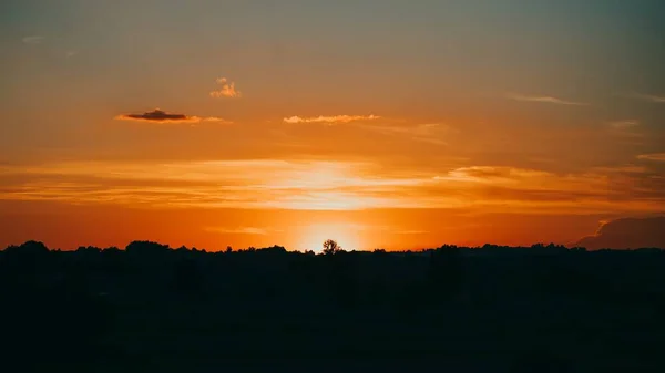 Schöner Sonnenuntergang Mit Baumsilhouetten Abend Panoramaformat — Stockfoto