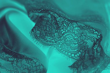 Siyah ipek dantel iç çamaşırı. Teal yeşil arkaplan