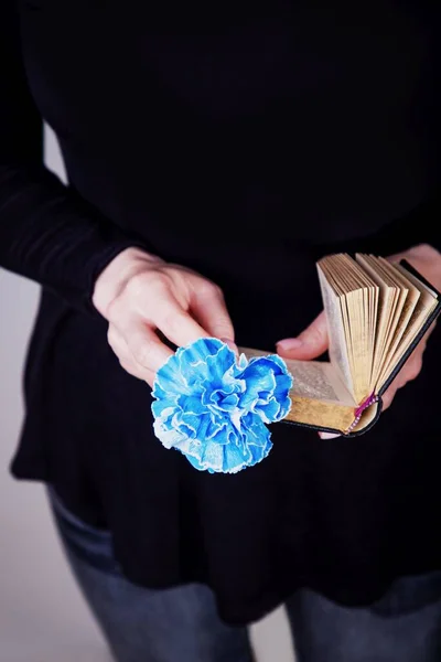 Manos femeninas sosteniendo libro viejo y flor de clavel azul sobre un fondo negro. Copiar espacio — Foto de Stock