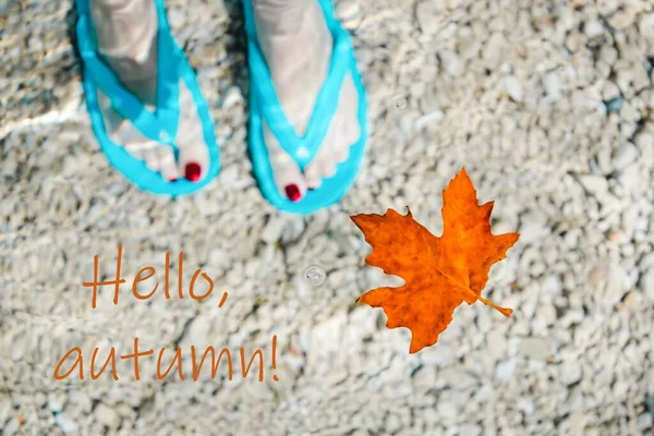 Hello Autumn Card Turquoise Flip Flops Underwater Orange Torn Maple — Stock Photo, Image