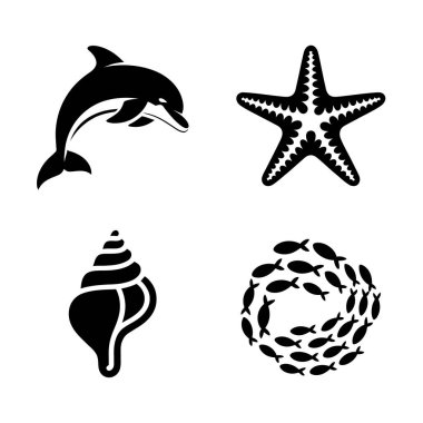 Silhouette set of jumping dolphin, starfish, conch shell icons, and school of small fish swimming in curved formation. Vector illustration.