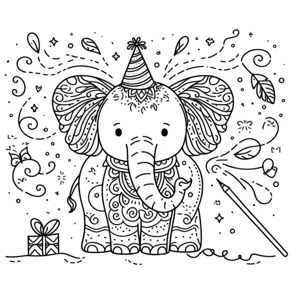 Cute elephant with mandala pattern wearing party cone hat . Vector illustration for coloring book.