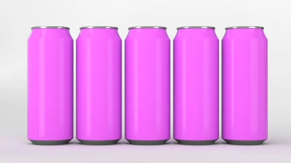 大和小的紫色苏打罐站在两个 Raws 的白色背景 饮料样机 锡包啤酒或饮料 渲染插图 — 图库照片
