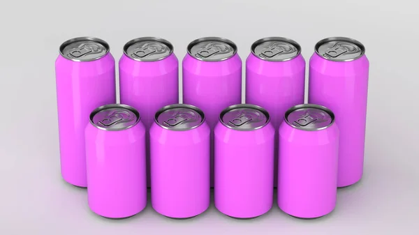 Big Small Purple Soda Cans Standing Two Raws White Background — Stock Photo, Image