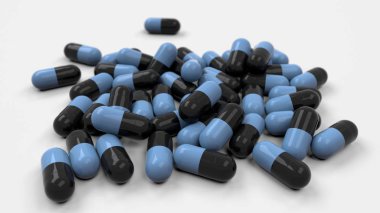 Beyaz arka planda siyah ve mavi tıp kapsül yığını. Tıp, sağlık veya eczane konsepti. 3D render illüstrasyon