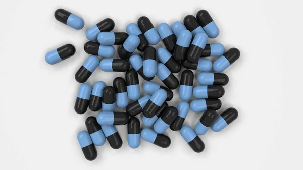 Pile Black Blue Medicine Capsules White Background Medical Healthcare Pharmacy — Stock Photo, Image