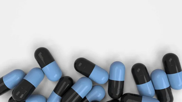 一堆黑色和蓝色的药物胶囊在白色的背景 医疗或药学的概念 渲染插图 — 图库照片