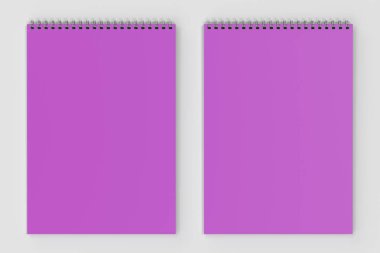Boş mor defter metal spiral ile beyaz arka plan üzerinde bağlı. İş veya eğitim mockup. 3D render illüstrasyon