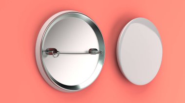Kırmızı zemin üzerine beyaz boş rozeti. PIN düğmesini mockup. 3D render illüstrasyon