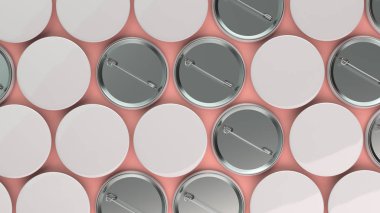 Kırmızı arka plan boş beyaz rozetleri. PIN düğmesini mockup. 3D render illüstrasyon