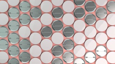 Kırmızı arka plan boş beyaz rozetleri. PIN düğmesini mockup. 3D render illüstrasyon