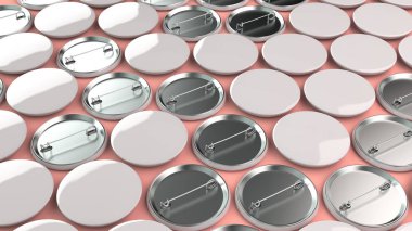 Kırmızı arka plan boş beyaz rozetleri. PIN düğmesini mockup. 3D render illüstrasyon