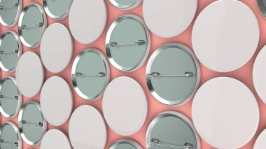 Kırmızı arka plan boş beyaz rozetleri. PIN düğmesini mockup. 3D render illüstrasyon