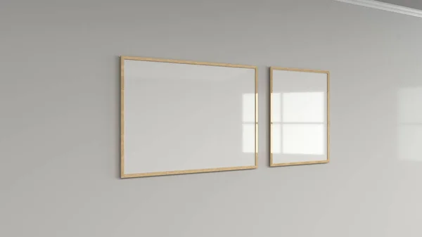 Blank White Poster Wooden Frame Wall Picture Photo Mockup Render — Stock Photo, Image