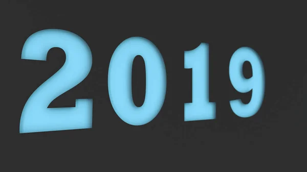 蓝色2019的数字在黑色纸上剪断 2019新年标志 渲染插图 — 图库照片