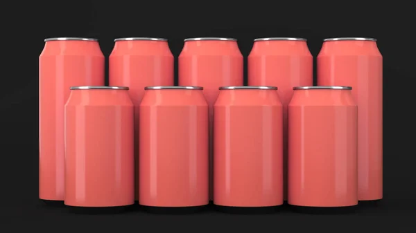 Grandes Pequenas Latas Refrigerante Vermelho Duas Raws Sobre Fundo Preto — Fotografia de Stock