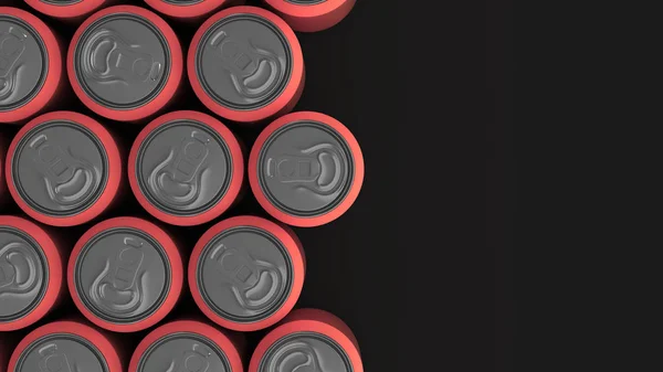 Big red soda cans on black background. Beverage mockup. Tin package of beer or drink. 3D rendering illustration