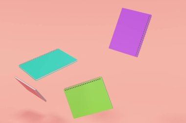 Dört boş defter ile farklı kapakları ve metal spiral kırmızı zemin üzerine bağlı. İş veya eğitim mockup. 3D render illüstrasyon