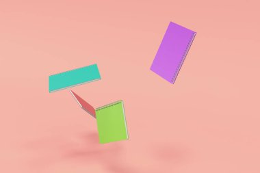 Dört boş defter ile farklı kapakları ve metal spiral kırmızı zemin üzerine bağlı. İş veya eğitim mockup. 3D render illüstrasyon