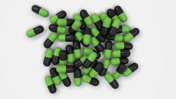 一堆黑色和绿色药物胶囊白色背景 医疗或药学的概念 渲染插图 — 图库照片