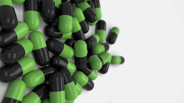 一堆黑色和绿色药物胶囊白色背景 医疗或药学的概念 渲染插图 — 图库照片