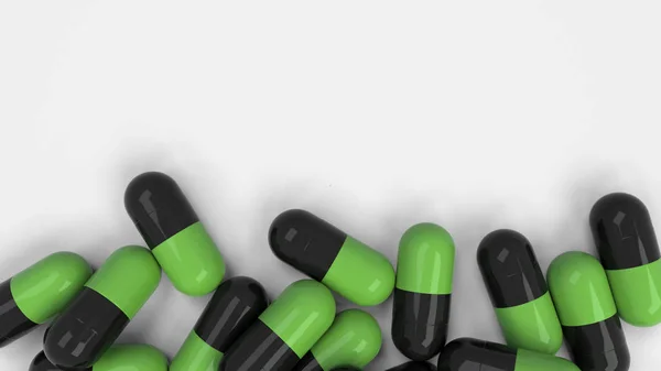 Mucchio Capsule Medicina Nera Verde Sfondo Bianco Concetto Medico Sanitario — Foto Stock