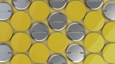 Sarı arka plan boş sarı rozetleri. PIN düğmesini mockup. 3D render illüstrasyon