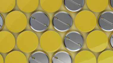 Sarı arka plan boş sarı rozetleri. PIN düğmesini mockup. 3D render illüstrasyon