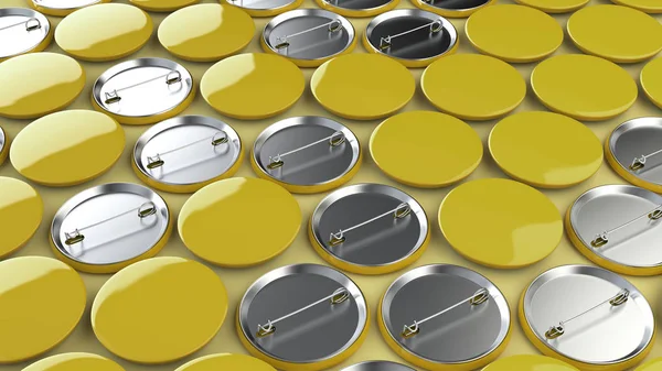 黄色の背景の空白の黄色バッジ ボタンのモックアップ レンダリング図 — ストック写真