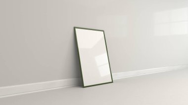 Renkli çerçeve ayakta duvara yakın yerdeki boş beyaz poster. Resim ya da fotoğraf mockup. 3D render illüstrasyon
