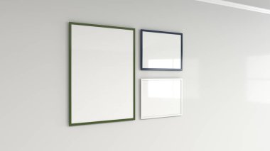 Boş beyaz poster duvara renkli çerçeve içinde. Resim ya da fotoğraf mockup. 3D render illüstrasyon