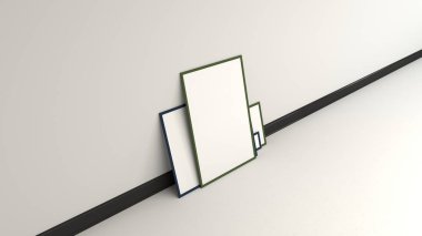 Duvarın yanında yerde duran siyah kare boş beyaz posterler. Resim ya da fotoğraf mockup. 3D render illüstrasyon