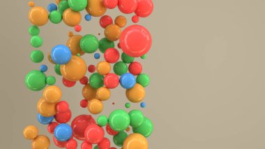 Rastgele büyüklükteki beyaz arka plan üzerinde renkli küreler. Arka plan daire ile. Bulut çevrelerin duvar önünde. 3D render illüstrasyon