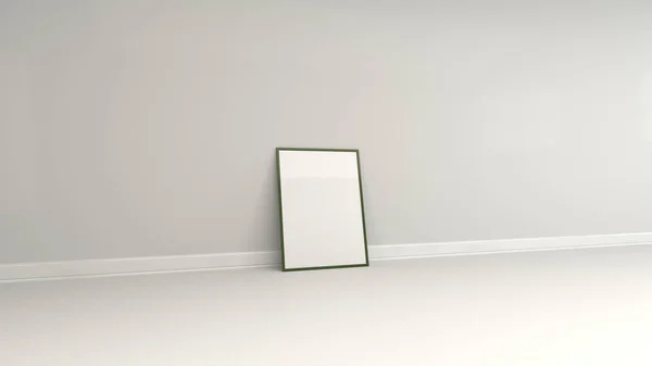 Blank white poster in colorful frame standing on the floor near the wall. Picture or photo mockup. 3D render illustration