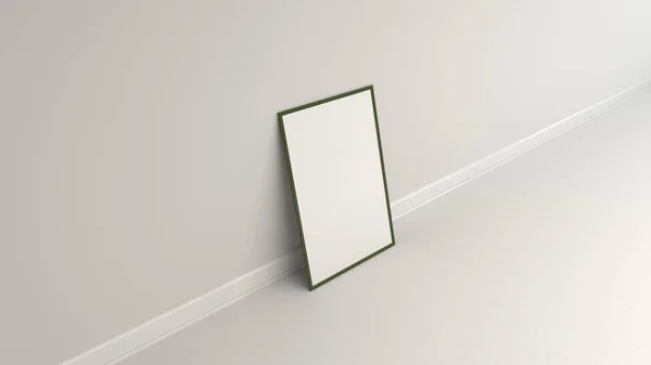 Renkli çerçeve ayakta duvara yakın yerdeki boş beyaz poster. Resim ya da fotoğraf mockup. 3D render illüstrasyon