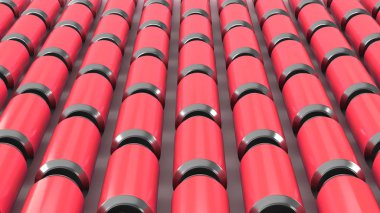 Beyaz zemin üzerine kırmızı soda RAWs kutular. İçecek mockup. Bira veya içecek teneke paketi. 3D render illüstrasyon