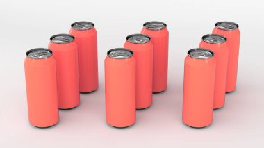 Beyaz zemin üzerine kırmızı soda kutular, ham. İçecek mockup. Bira veya içecek teneke paketi. 3D render illüstrasyon