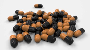 Beyaz arka planda siyah ve turuncu ilaç kapsül yığını. Tıp, sağlık veya eczane konsepti. 3D render illüstrasyon