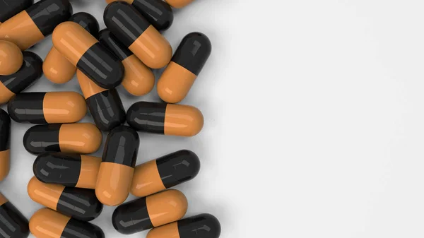 Pile of black and orange medicine capsules on white background. Medical, healthcare or pharmacy concept. 3D rendering illustration