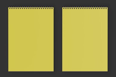 Boş sarı defter ile metal sarmal siyah arka plan üzerine bağlı. İş veya eğitim mockup. 3D render illüstrasyon