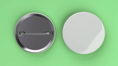 Yeşil arka plan boş beyaz rozet. PIN düğmesini mockup. 3D render illüstrasyon