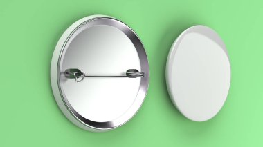 Yeşil arka plan boş beyaz rozet. PIN düğmesini mockup. 3D render illüstrasyon