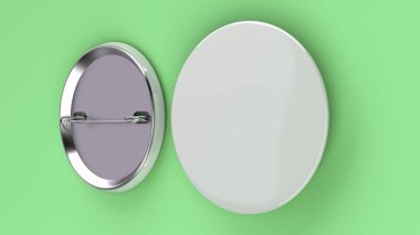 Yeşil arka plan boş beyaz rozet. PIN düğmesini mockup. 3D render illüstrasyon