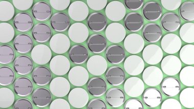 Yeşil arka plan boş beyaz rozetleri. PIN düğmesini mockup. 3D render illüstrasyon